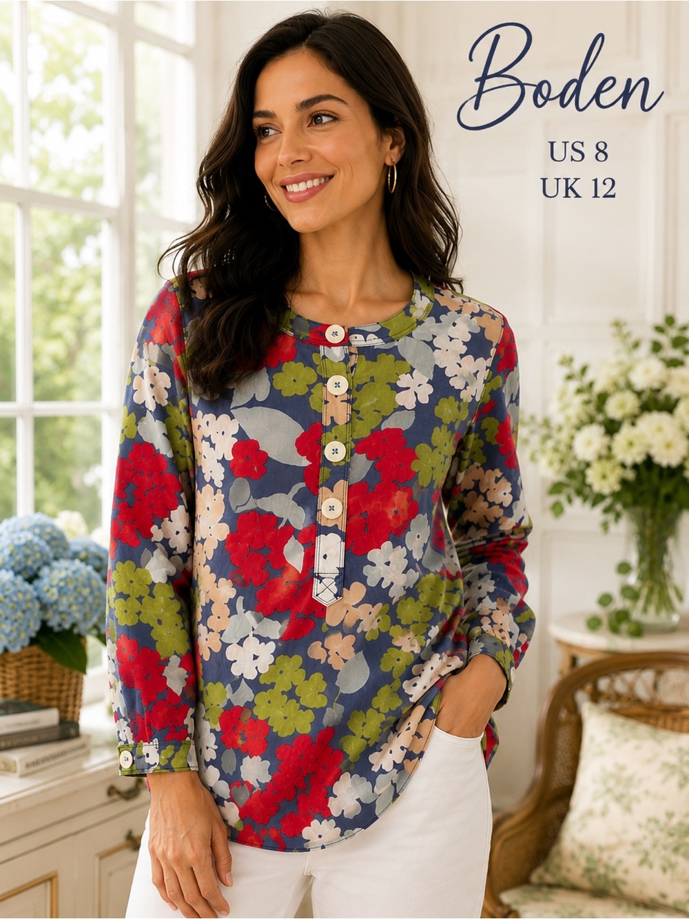 Boden Navy Floral Henley Long Sleeve Top — Navy/Red/Green